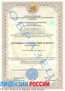 Образец сертификата соответствия аудитора №ST.RU.EXP.00006191-3 Серебряные Пруды Сертификат ISO 50001